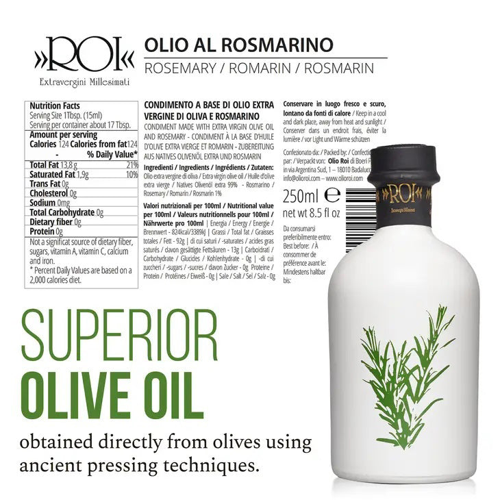 A sleek white bottle with a black cap from MERCATO DI BELLINA's Italian Infused Olive Oil. Its minimalist design showcases a green illustration of a rosemary plant on the front, evoking the essence of rosemary-infused olive oil. The cap is accented with gold detailing and prominently displays the brand name "MERCATO DI BELLINA" at the top.