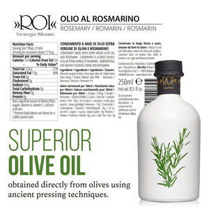 A sleek white bottle with a black cap from MERCATO DI BELLINA's Italian Infused Olive Oil. Its minimalist design showcases a green illustration of a rosemary plant on the front, evoking the essence of rosemary-infused olive oil. The cap is accented with gold detailing and prominently displays the brand name "MERCATO DI BELLINA" at the top.