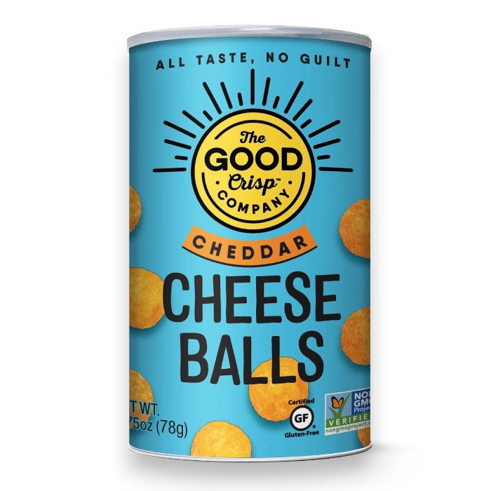 Enjoy THE GOOD CRISP COMPANY - CHEDDAR CHEESE BALLS, your new favorite snack. The light blue cylindrical container, weighing 2.75 ounces (78 grams), showcases vibrant orange cheese balls alongside the phrases "All taste, no guilt" and "Certified GF, Non-GMO Project Verified.