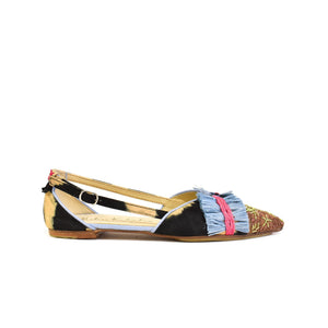 A top view of the MEHER KAKALIA - GRETA SLINGBACK BLACK BEIGE TO MUDROSE shows a handcrafted leather slingback with gold embroidery on the toe, blue and pink tassel bow accents, and a tan insole featuring the MEHER KAKALIA logo.