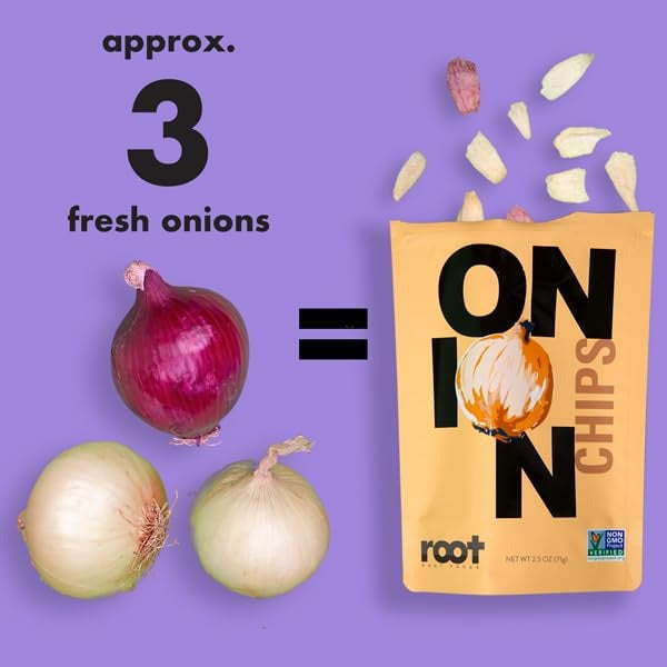 Nutrition label for ROOT FOODS - ONION CHIPS by ROOT FOODS, a tasty gluten-free snack option, featuring an image of three onion slices and one chip, plus the text: “Eat Plants! Approx. 3 fresh onions = 1 bag of onion chips. Ingredients: Onion, Avocado Oil, Sea Salt, Tapioca Starch.”.