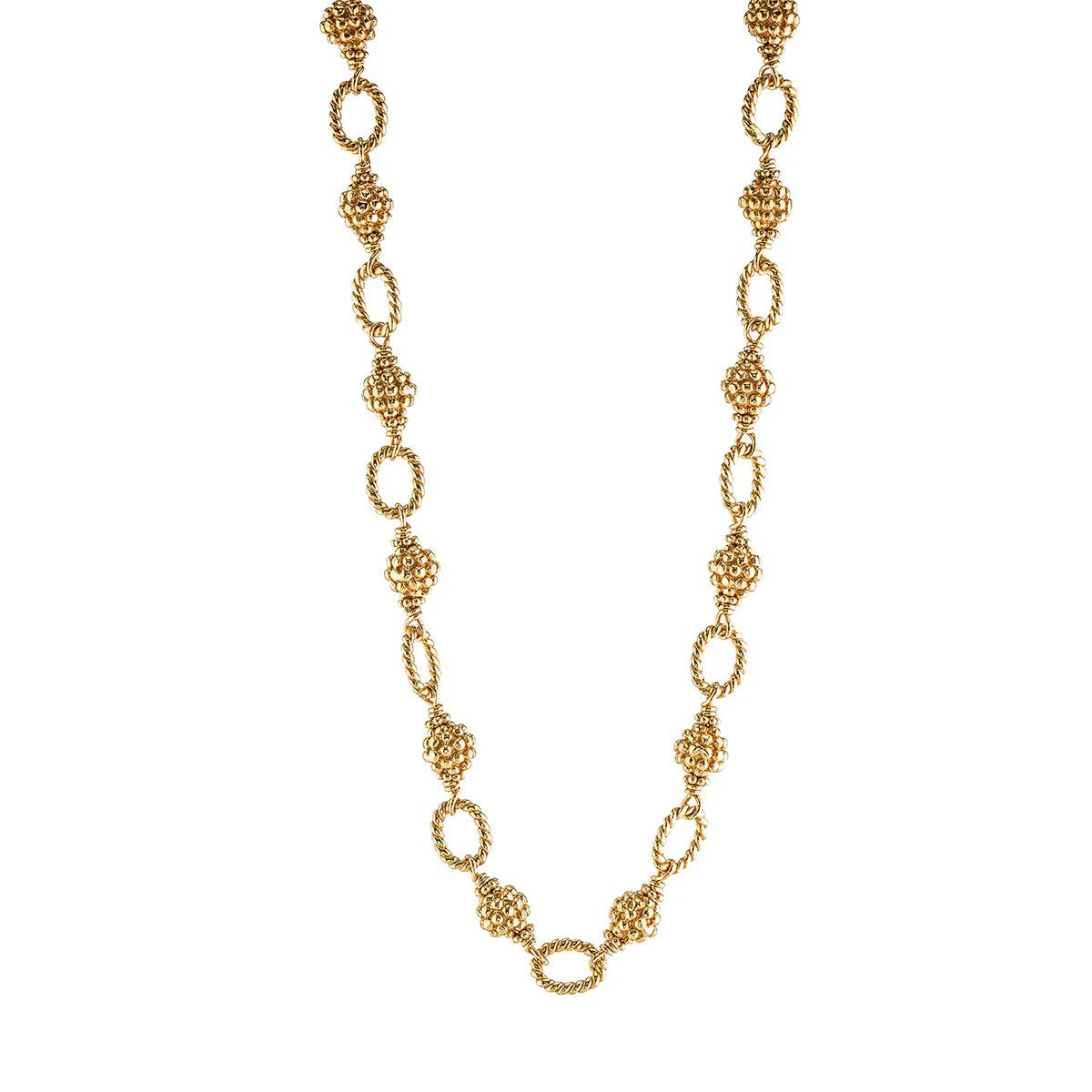 The CAPUCINE DE WULF - BERRY AND BEAD CHAIN NECKLACE 24" is a handmade piece featuring a gold chain with textured ovals and ornate, clustered links, evoking golden berries. Its luxurious and versatile design suits any occasion, beautifully showcased on a plain white background.