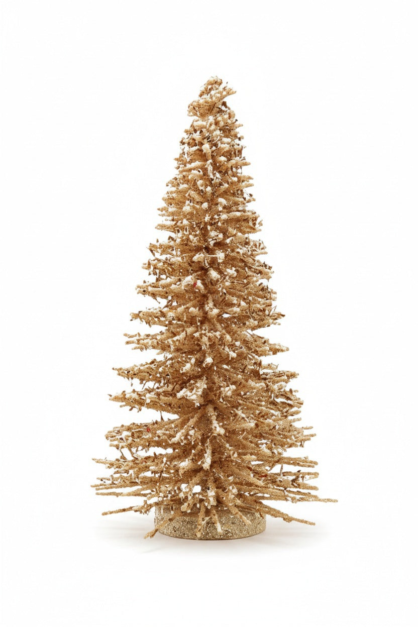 A decorative Creative Coop WOOD TREE WITH IRIDESCENT MICA FLAKES featuring textured, gold-toned willow branches covered in shimmering glittered flakes.