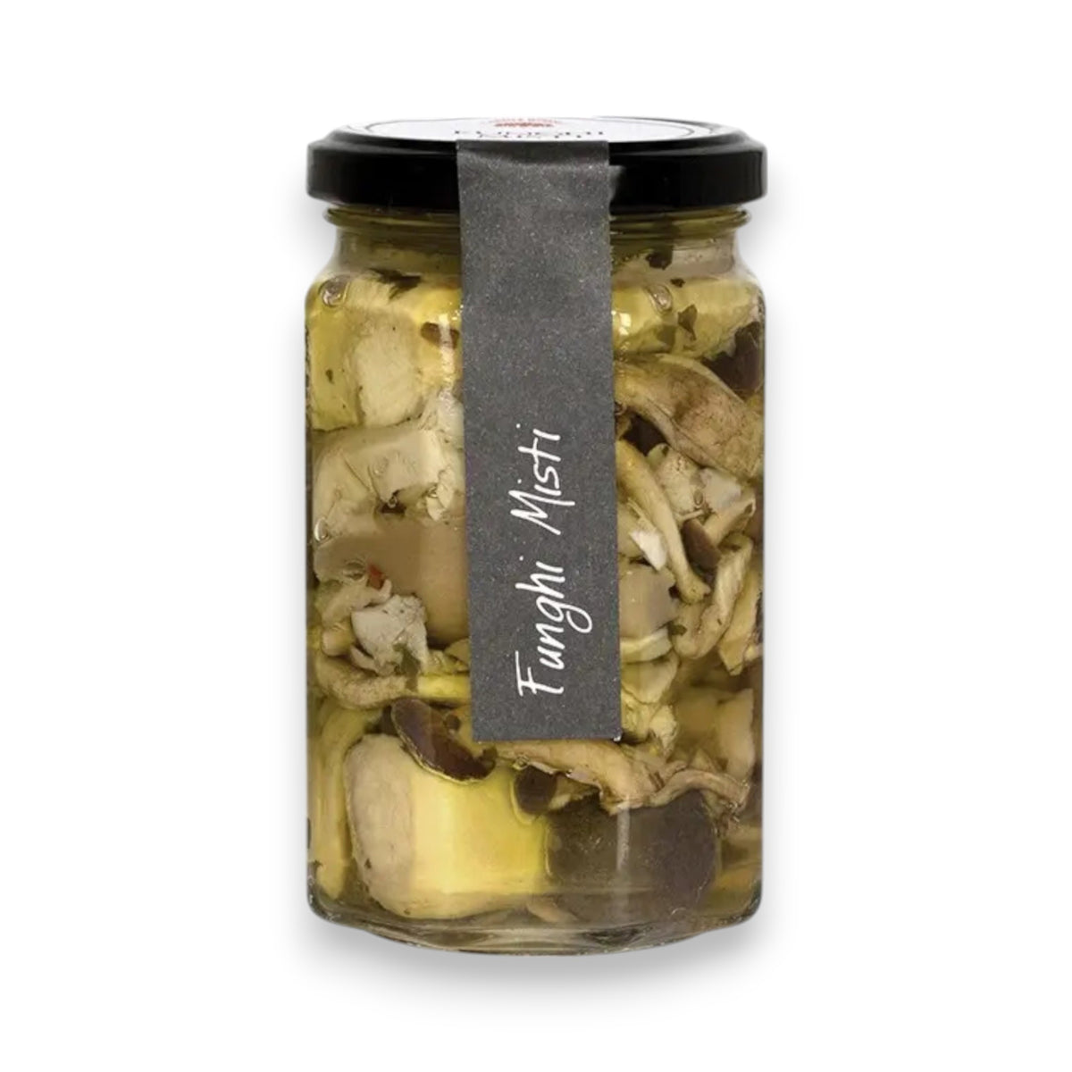 A clear glass jar labeled "CASCINA ROSSA - MUSHROOM MIX 9.9OZ" from RITROVO showcases mixed mushrooms in extra virgin olive oil. It features a black lid and gray label with the name in white, exuding artisanal flair. Proudly made in Italy, it sits against a plain white background.