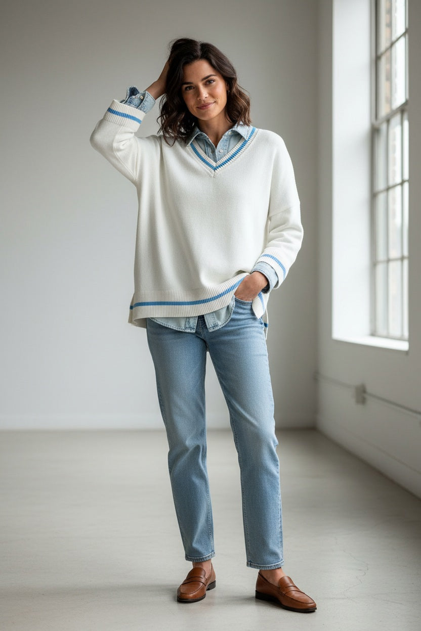 A woman with light hair sits on outdoor steps, resting her head on her hand. She is wearing the MERSEA Montauk V-Neck Sweater in WhiteBlue over a denim shirt and blue jeans, smiling softly. Fallen leaves and a building appear in the background.
