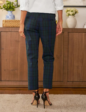 The FRANK & EILEEN Wicklow Italian Chino in Black Watch Plaid Performance Twill features a straight-leg fit, four-way stretch, belt loops, side pockets, and a button closure, shown laid flat on a white background.