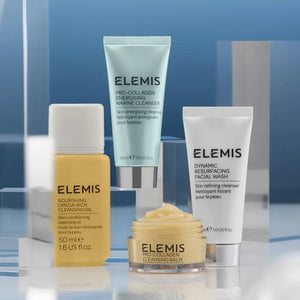 The ELEMIS - DOUBLE THE CLEAN GIFT SET by ELEMIS - STEINER includes four essentials—Pro-Collagen Cleansing Balm, Energising Marine Cleanser, Resurfacing Facial Wash, and Nourishing Omega-Rich Cleansing Oil—for a thorough double cleansing routine.