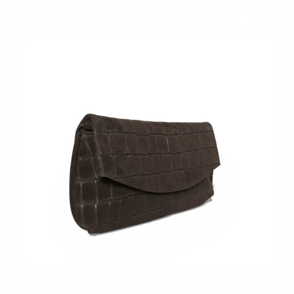 OLIVEVE Valentina Clutch in Truffle Italian croco-embossed suede, featuring a dark brown fold-over design and magnetic snap closure.