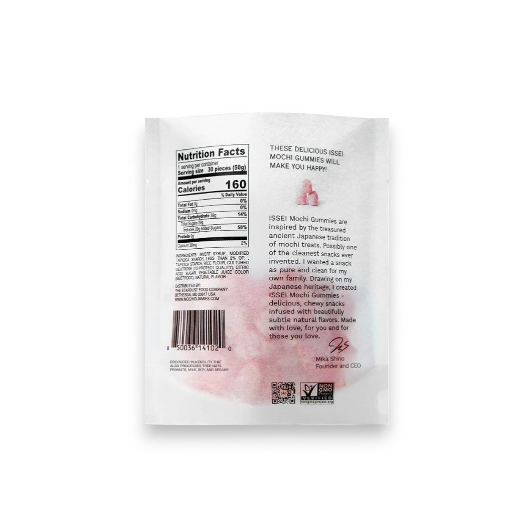 MOCHI GUMMIES- STRAWBERRY offers vegan, chewy strawberry gummies with summer fruit notes. The 1.76 oz (50g) bag features a white design with pink text, highlighting "gluten free" and "plant based.