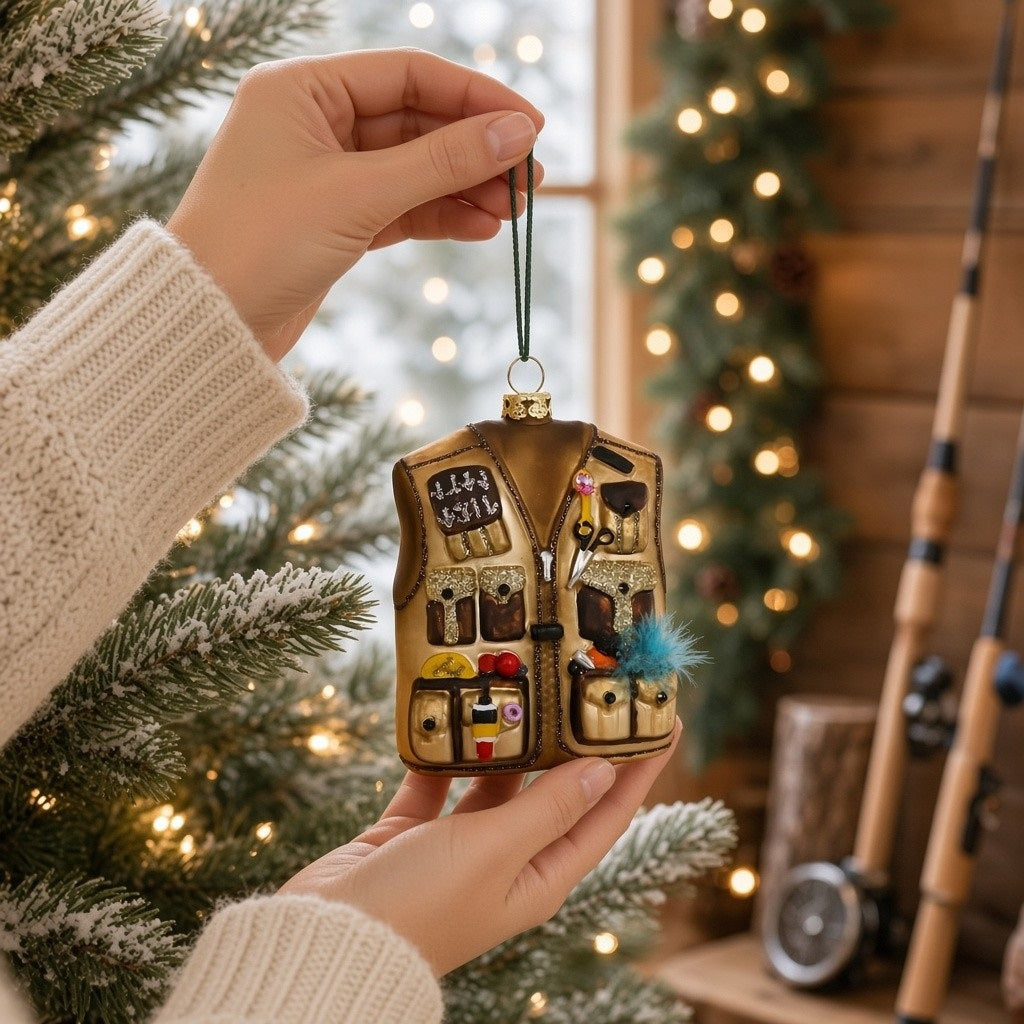 A 3-inch GLASS FLY FISHERMAN’S VEST ORNAMENT shaped like a tan vest, complete with multiple pockets, tools, and fishing gear attached.