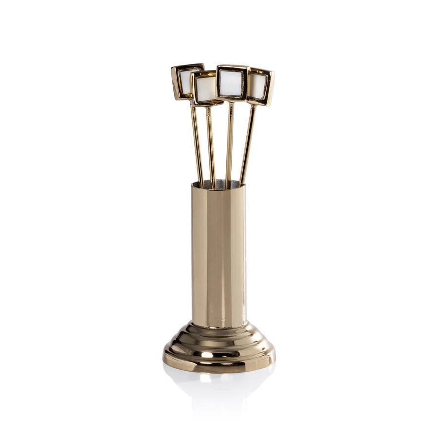 The ZODAX SPIGA Set of 4 Cocktail Picks with Stand features a shiny gold-tone holder and slender picks, each topped with a square mother of pearl accent—an elegant addition to your home bar accessories collection.