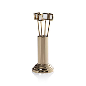 The ZODAX SPIGA Set of 4 Cocktail Picks with Stand features a shiny gold-tone holder and slender picks, each topped with a square mother of pearl accent—an elegant addition to your home bar accessories collection.