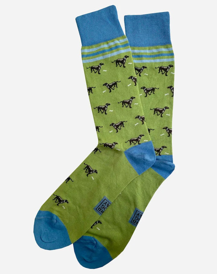BIRD DOG BAY - LUCKY LAB SOCKS IN GREEN by BIRD DOG BAY feature black labradors with white spots, blue toes, heels, and cuffs, plus blue stripes near the top—ideal socks for dog lovers.