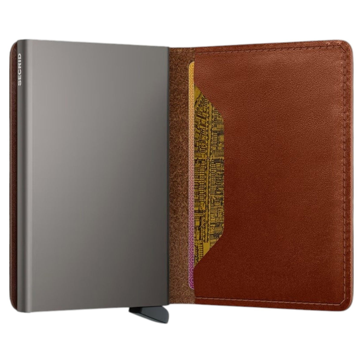 A slim, rectangular SECRID Slimwallet Texano in Saddle stands vertically, featuring a metallic finish with wooden sides. The brand name “SECRID” is printed in white near the top, exemplifying a blend of style and RFID protection for your essentials.