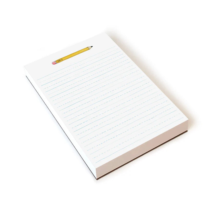 The E. FRANCES PAPER - PENCIL NOTEPAD, ideal for note-taking, showcases a "No. 1" yellow pencil at the top. Its recycled paper features light blue dashed lines on a crisp white background, serving as writing guides.