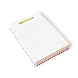 The E. FRANCES PAPER - PENCIL NOTEPAD, ideal for note-taking, showcases a "No. 1" yellow pencil at the top. Its recycled paper features light blue dashed lines on a crisp white background, serving as writing guides.