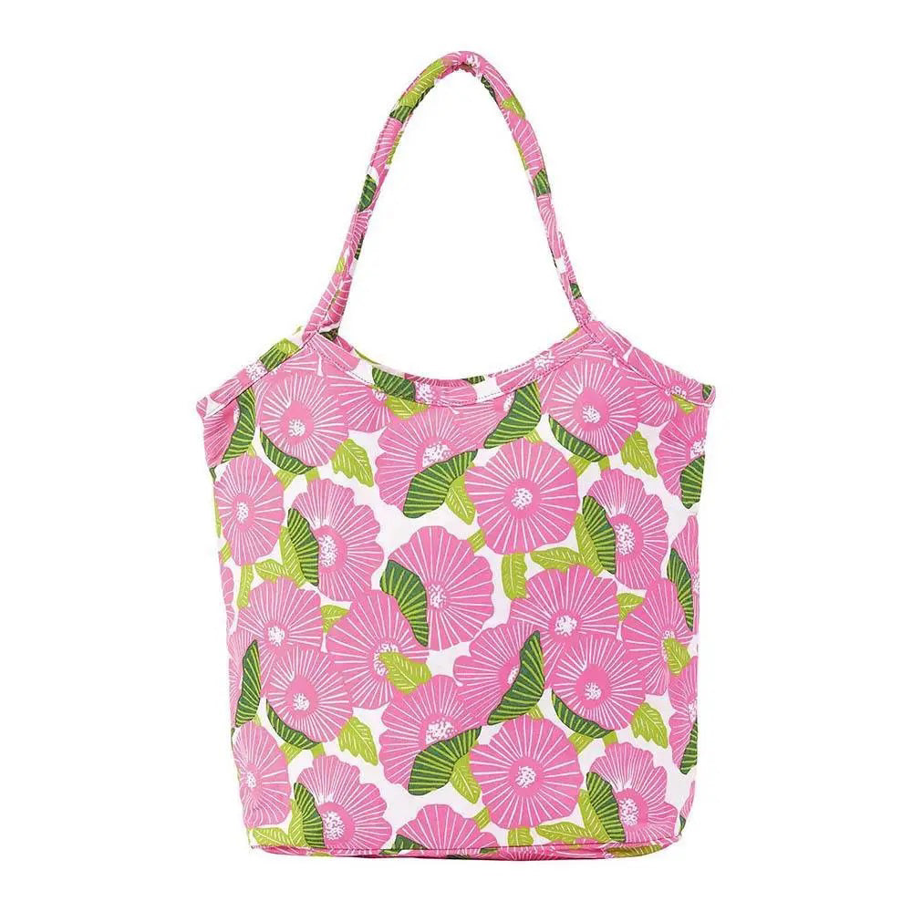 The ROCKFLOWERPAPER POPPY PAPAVER BUCKET BAG is a spacious cotton canvas tote with large pink flowers and green leaves on white. Featuring two handles, this stylish bag by ROCKFLOWERPAPER is perfect for everyday shopping or casual use.