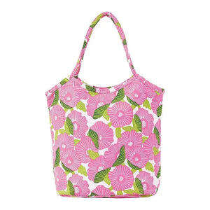 The ROCKFLOWERPAPER POPPY PAPAVER BUCKET BAG is a spacious cotton canvas tote with large pink flowers and green leaves on white. Featuring two handles, this stylish bag by ROCKFLOWERPAPER is perfect for everyday shopping or casual use.