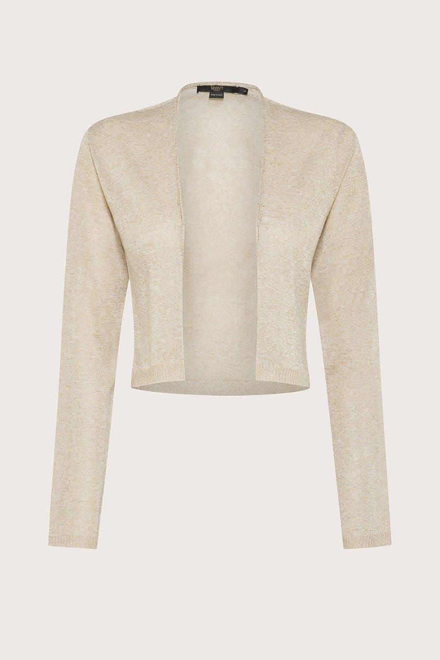 The SEVENTY VENEZIA Cropped Satin Lurex Cami by SEVENTY is a light beige, long-sleeve, open-front cardigan made from a semi-sheer, slightly shiny blend of VI and PL fabric. This Italian-made piece features a cropped design that sits just above the waist, offering an elegant and simplistic look without buttons or fasteners.
