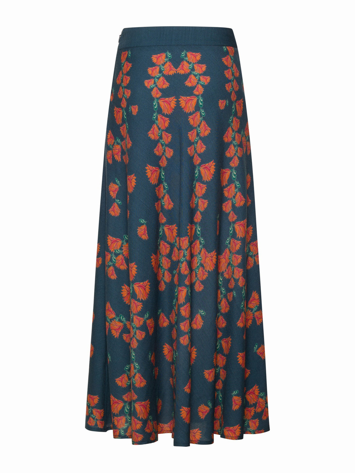 The FRANCO FERRARI JEMMA Wool Midi Skirt is a long, dark blue A-line skirt with red and orange floral prints and green stems, shown on a plain white background.