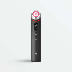 The MEDICUBE AGE-R Booster Pro by Asian Beauty Wholesale is a stylish black handheld skincare device with a small digital display and buttons. It features five interchangeable tips with colorful rings: orange, green, blue, purple, and red. The display shows "2" and "0:28" for accurate electroporation settings.