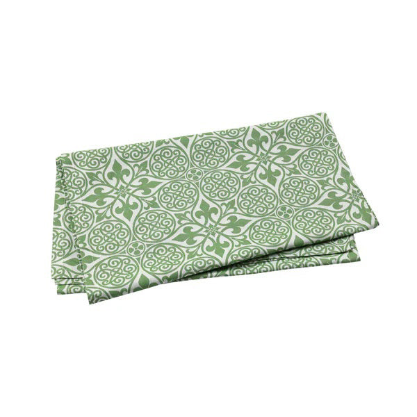 The VIETRI Damask Runner, a folded 100% cotton fabric, displays a green and white symmetrical pattern with intricate floral and geometric designs. Perfect for elegant table decor, it&#39;s neatly laid on a white background.