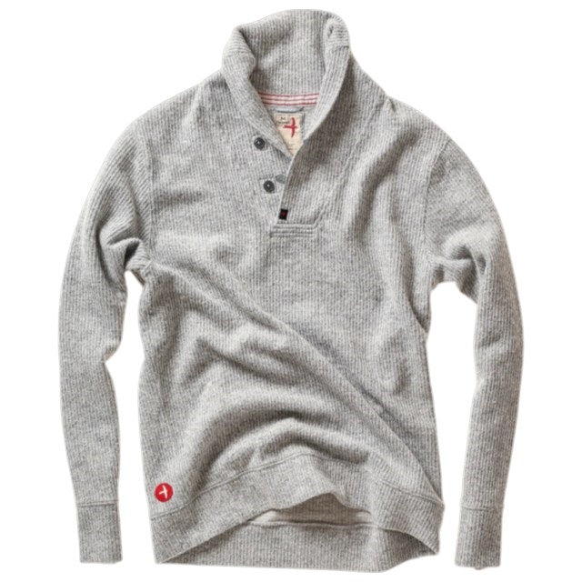 The RELWEN Ridge Twist Shawl Sweater in Pale Grey Heather is a vintage-style piece with ribbed cuffs and hem, a hood, and a small tag near the neckline, shown laid flat on a white background.