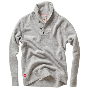 The RELWEN Ridge Twist Shawl Sweater in Pale Grey Heather is a vintage-style piece with ribbed cuffs and hem, a hood, and a small tag near the neckline, shown laid flat on a white background.