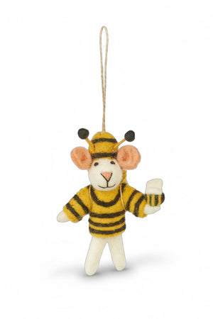 DEB BEE THE MOUSE ORNAMENT, a handmade felt mouse wearing a yellow and black striped bee costume with antennae.