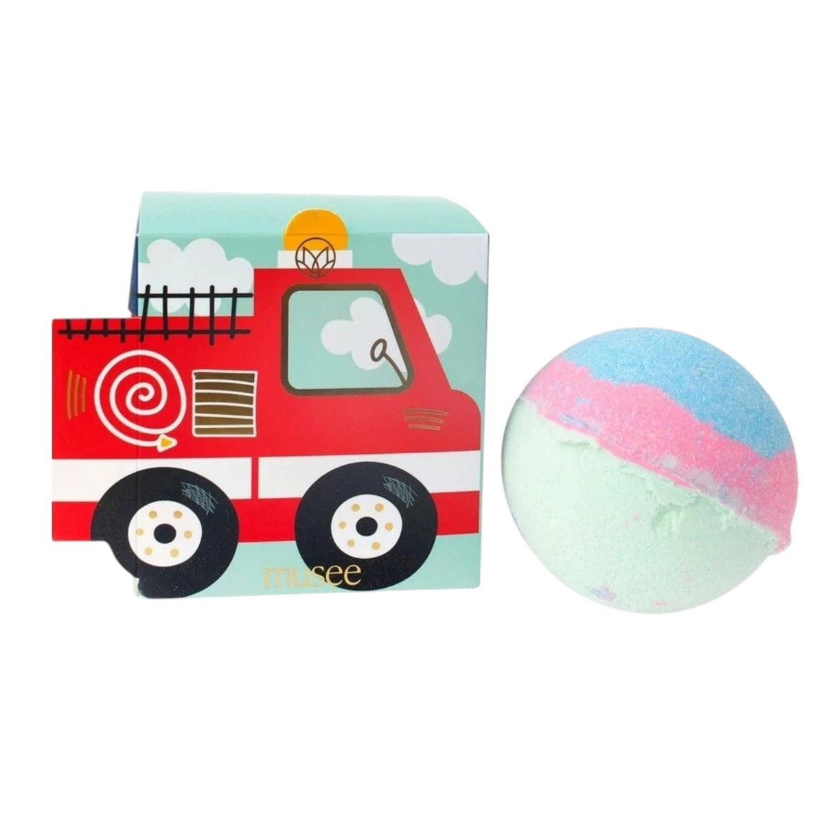 Pink graphic with instructions: “Place MUSEE - FIRETRUCK BATH BALM in water and let it dissolve. Relax, reset, and enjoy. Soak in life.” Image features the colorful handmade bath balm by MUSEE dissolving in bubbly water—perfect for fans of natural bath products.