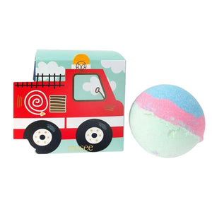 Pink graphic with instructions: “Place MUSEE - FIRETRUCK BATH BALM in water and let it dissolve. Relax, reset, and enjoy. Soak in life.” Image features the colorful handmade bath balm by MUSEE dissolving in bubbly water—perfect for fans of natural bath products.