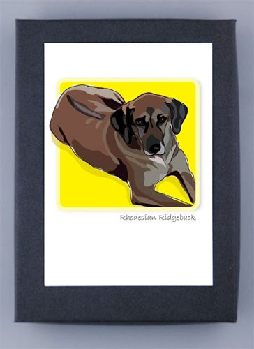 The PAPERRUSSELS - Rhodesian Ridgeback Box Notes feature an illustration of a brown-coated Rhodesian Ridgeback dog with drooping ears, lying on a bright yellow background. "Rhodesian Ridgeback" is elegantly printed on the white border below the image. Made from premium recycled paper by PAPER RUSSELLS.