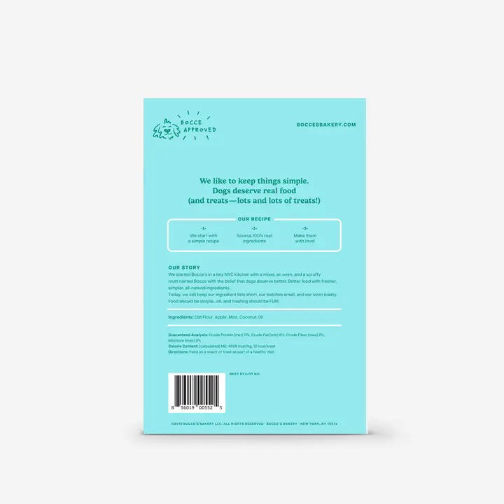 A turquoise box of BOCCE'S BAKERY BREATH BISCUITS—mint and apple dog treats for fresh breath. The window shows the treats, and the box notes they're wheat-free and made with all-natural ingredients.