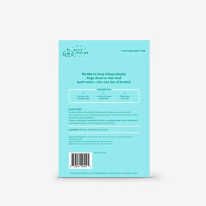 A turquoise box of BOCCE'S BAKERY BREATH BISCUITS—mint and apple dog treats for fresh breath. The window shows the treats, and the box notes they're wheat-free and made with all-natural ingredients.