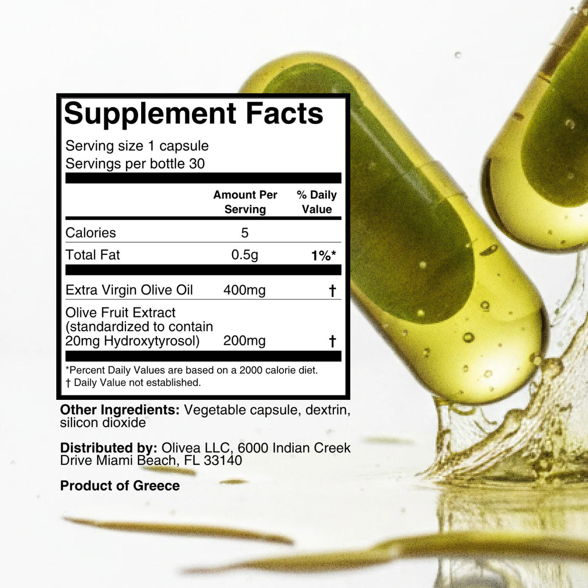 Four yellow capsules on a white surface, with the text “More potent than an olive oil shot” above them—each OLIVEA EVOO &amp; HYDROXYTYROSOL SUPPLEMENT delivers a concentrated 20 mg dose of olive polyphenols and hydroxytyrosol, powerful compounds from high-phenolic olive oil by OLIVEA.