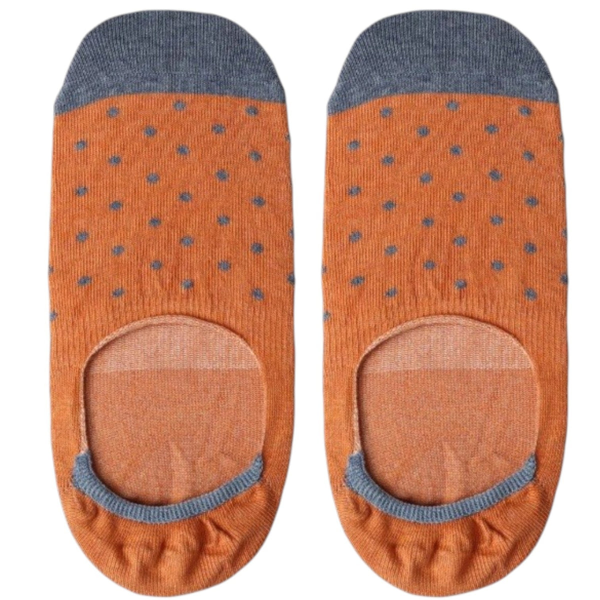 Introducing the AMANDA CHRISTENSEN - TRUE DOT INVISIBLE SOCKS IN ORANGE MELANGE: expertly crafted in Italy from a premium combed cotton blend, these luxurious men’s socks feature an orange melange base with contrasting gray toes, heels, and cuffs. The top surface is adorned with subtle gray polka dots for a sophisticated finishing touch.