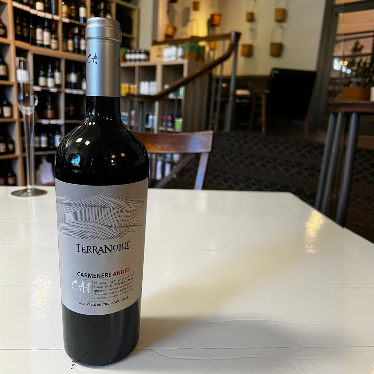A bottle of TERRANOBLE 'CA1' CARMÈNÉRE 2021 from the Colchagua Valley, featuring a light gray label with wave patterns and a gray cap branded with "eA," displays the WINE: WINEBOW brand and details of this exquisite Chilean Carménère.