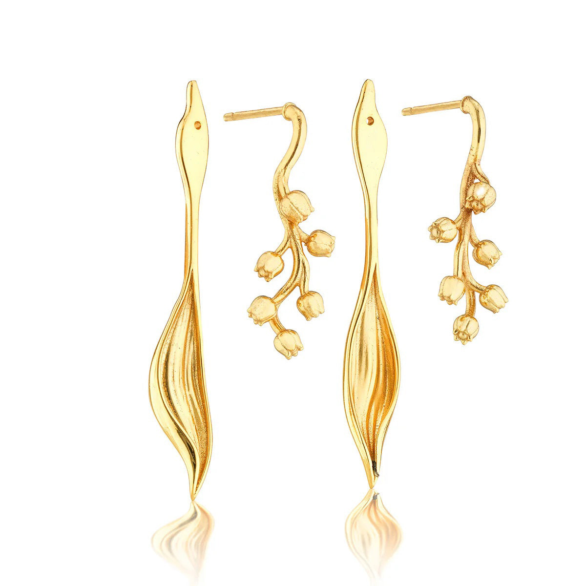 The CAPUCINE DE WULF MEADOW LILY OF THE VALLEY CONVERTIBLE EARRINGS feature a design inspired by elongated leaves with delicate flower buds and stems, offering a polished and sophisticated look.