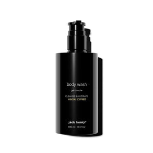 A sleek black 400ml bottle of JACK HENRY - BODY WASH with a pump dispenser, featuring “cleanse & hydrate hinoki cypress” on the label and highlighting its natural botanical scent.