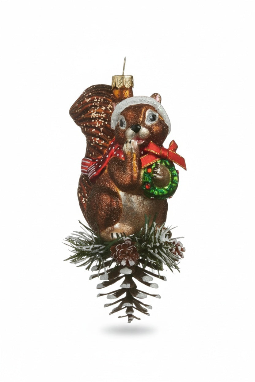 RAZ IMPORTS SQUIRREL ORNAMENT wearing a Santa hat and scarf, holding a small wreath, perched on a pinecone beside a 3 inch glass vase.