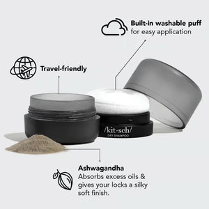 A black and gray cylindrical container of KITSCH Volumizing Rice Water Protein Dry Shampoo is set against a white background, elegantly displaying the KITSCH brand name on the front.