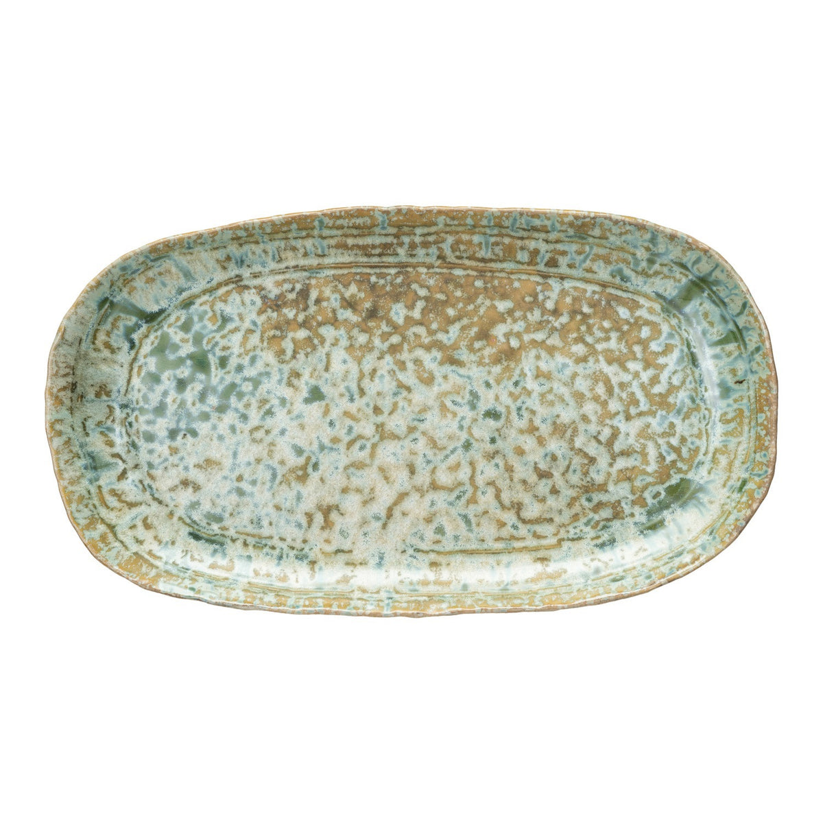 The GREEN STONEWARE PLATTER WITH REACTIVE CRACKLE GLAZE by CREATIVE COOP features a handcrafted, rustic finish and textured green glaze—perfect as a unique serving dish for any occasion.