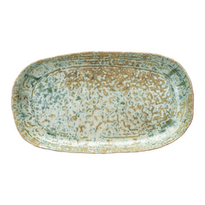 The GREEN STONEWARE PLATTER WITH REACTIVE CRACKLE GLAZE by CREATIVE COOP features a handcrafted, rustic finish and textured green glaze—perfect as a unique serving dish for any occasion.