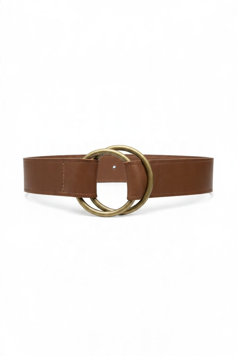 ADA Josie Belt in Chocolate: a brown leather two-ring belt with a classic double brass-toned circular buckle.