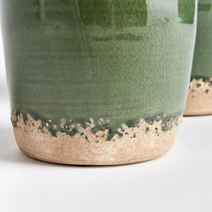 The NAPA HOME AND GARDEN - MAISHA POT set includes two ceramic planters with glossy green exteriors, unglazed beige bases, and reddish-brown interiors. One pot is larger. Both are shown side by side on a white background.