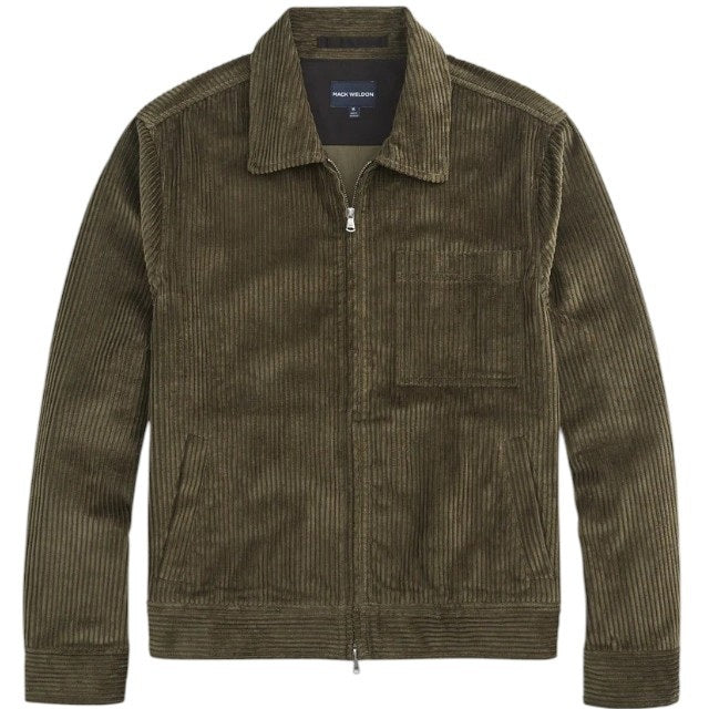 The MACK WELDON - CORDUROY ZIP JACKET is a modern-fit, dark blue corduroy jacket with a front zipper, long sleeves, collar, and chest pocket—shown against a white background.