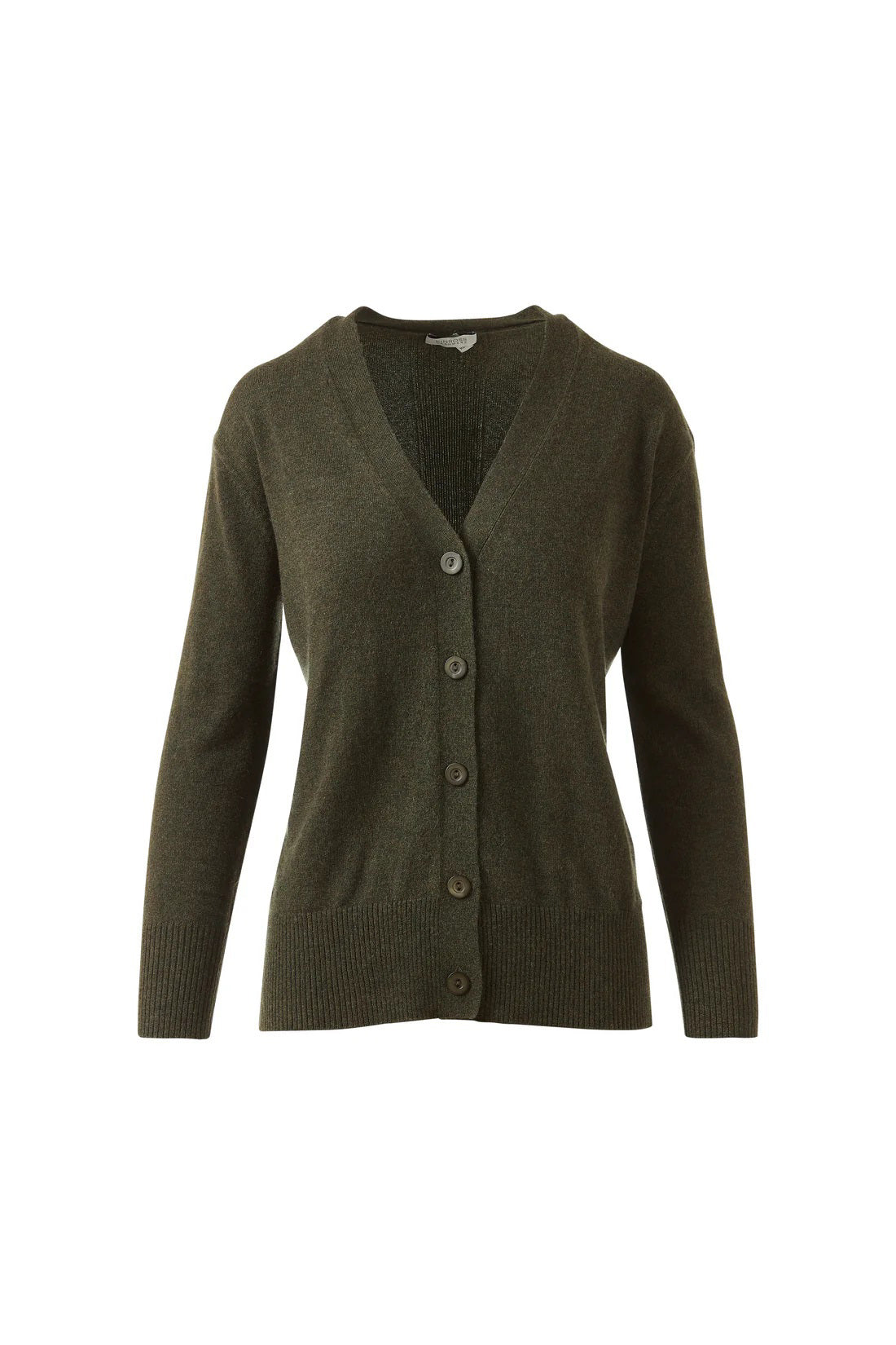 The KINROSS CASHMERE - HI LOW EASY CARDIGAN by KINROSS is a brown, long-sleeve, button-up cashmere cardigan with a V-neckline, showcased on a white background—modern luxury for women.