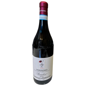A bottle of CASTELLO DI VERDUNO ‘BASADONE’ PELAVERGA 2024 red wine with a dark red foil capsule and a white label featuring a small illustration of a poppy.