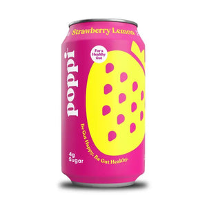 A pink POPPI - STRAWBERRY LEMON can features a large yellow strawberry graphic, white and yellow text, and "For a Healthy Gut" on top. It highlights 4g sugar and prebiotics for gut health. Brand: POPPI.
