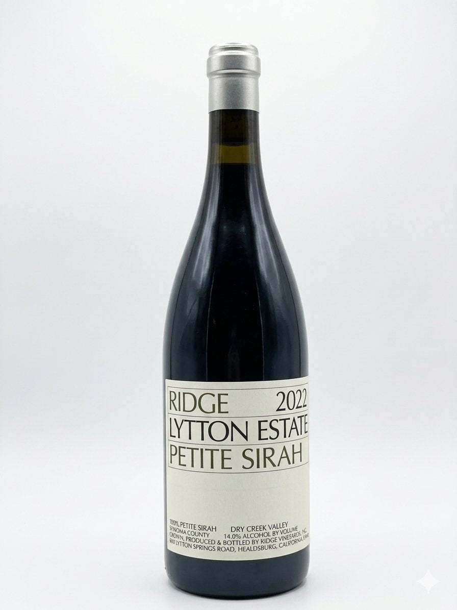 A bottle of RIDGE LYTTON SPRINGS PETITE SIRAH 2022 wine from WINE: WINEBOW, featuring a cream-colored label with black text, set against a plain white background.